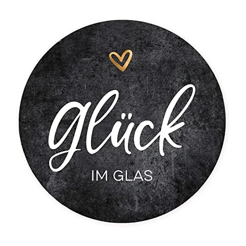 Aufkleber Glück im Glas im Set No.1 mit Herz | Rundes kleines Etikett rund D 3cm in Graumeliert | ideal für Marmelade Honig Einmachgläser Gastgeschenke zur Hochzeit Feste Geschenke NORDEULE