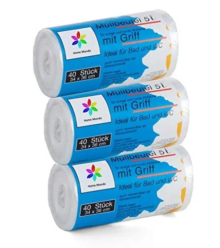 Stück Müllbeutel Premiumline: 5 Liter, 3er Pack, Größe: 34 x 36 cm - Besonders reißfest und wasserdicht - Mit Trage-Griff/Henkel 120