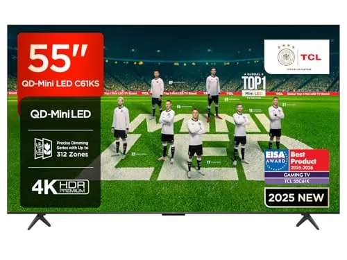 TCL 55C61KSX1 QLED Mini LED-Fernseher 55 Zoll - 4K Ultra HD Smart-TV mit Google TV, Dolby Vision und Game Master für ein unvergleichliches Seherlebnis, ideal für Filmabende und Gaming.