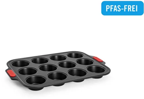 Woll Bakeware Muffinform für 12 Stück - Muffinbackformen mit hitzebeständigen Silikongriffen und zweilagiger Antihaftbeschichtung für müheloses Entnehmen und gleichmäßige Hitzeverteilung bei bis zu 230 °C.