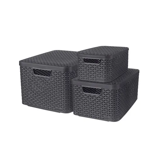 CURVER STYLE Box 3er Set S/M/L mit Deckel, anthrazit - Aufbewahrungsbehälter mit Deckel, multifunktional und stapelbar, ideal für ein ordentliches Zuhause mit dekorativer Rattan-Oberfläche.