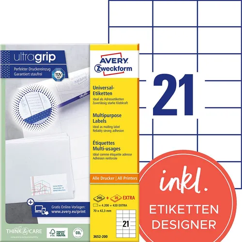 AVERY Zweckform Etiketten 3652-200 - 4.620 selbstklebende Etiketten - Etiketten für vielseitige Anwendungen, selbstklebend und bedruckbar mit Kopierern oder Druckern. Ideal für Porto, Adressierungen und mehr – einfach drucken und aufkleben!