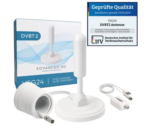 VSG24 DVBT2 Antenne mit Verstärker 36Db HDTV für Fernseher ALU-Kern 5m Kabel Innenantenne (DVBT2 HD), 1086