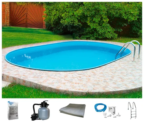my POOL BWT Ovalpool PREMIUM Komplett-Set 6-tlg, 135 cm - Ovaler Stahlwandpool mit Sandfilteranlage, ideal für entspannende Sommertage. Hohe Stabilität und 25.000 l Füllmenge bieten perfekten Badespaß für die ganze Familie.