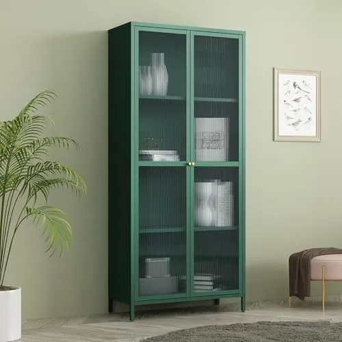 [en.casa] Vitrinenschrank Säkylä - Eleganter Bücherschrank mit 4 Ablagen - Glasvitrine in Tannengrün, ideal für dekorative Elemente und Geschirr. Mit 4 Ablageflächen und modernem Industrie-Charme bietet sie Stauraum und Stil zugleich.