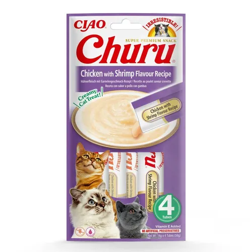 Inaba Cat Churu 4x14g Cremiger Snack für Katzen Paste mit Hähnchen und Garnelen