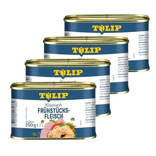 TULIP 4x Schweine-Frühstücksfleisch 200g | leckeres Schweinefleisch in der praktischen recycelbaren Konserve | Schweine-Frühstücksfleisch in der Dose | 86% Schweinefleisch