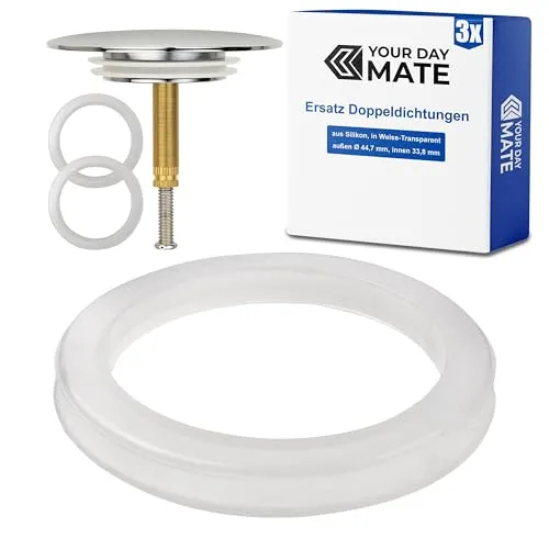 Ersatz Dichtung für Badewannenstöpsel, 3 Stück, aus Silikon, in Transparent, Dichtungsring mit Doppeldichtung, Größe außen Ø 44,7 mm, innen Ø 33,8 mm, Ventilkegel Dichtring Badewanne, Stöpseldichtung