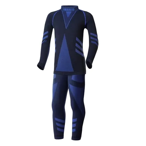 Ladeheid Skiunterwäsche Kinder Funktionsunterwäsche Set Langarm Shirt Lange Unterhose Thermoaktiv LAGI009 (Schwarz/Marineblau, 146-152)