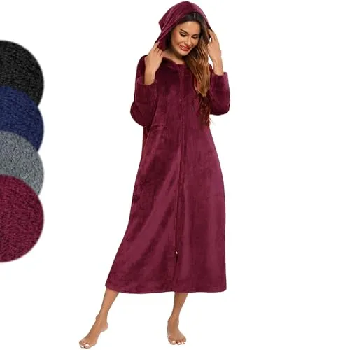 Figarge Bademantel Damen und Herren mit Reissverschluss und Kapuze langer Bademantel Fronttaschen Saunamantel Flanell Bademantel