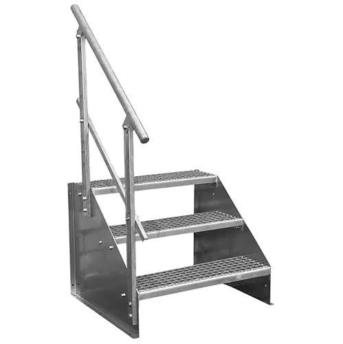Stufen Standtreppe - freistehende Stahltreppe mit Geländer - Trittstufen: 3-stufige Stahltreppe, verzinkt und langlebig, ideal für sicheren Zugang zu höheren Bereichen, Breite 60cm, Höhe 63cm, mit einseitigem Geländer.