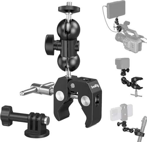SMALLRIG Upgrade Camera Mount Clamp, mini Magic Arm mit Super Clamp, Super Klammer with Non-Slip Threads, Tragfähigkeit 1,5kg für Gopro, Kamerahalterung Klemme mit 360° Kugelkopfarm - 1138B