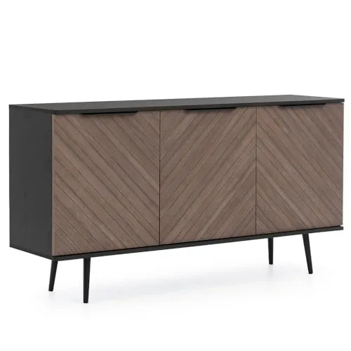 Lomadox Sideboard Kommode 150 cm in Graphit und Holzoptik - Stylisches Sideboard mit 3 Türen und Softclose-Funktion. Hochwertige Verarbeitung in dunklen Holztönen und stabilen Metallfüßen für ein modernes Wohnambiente.