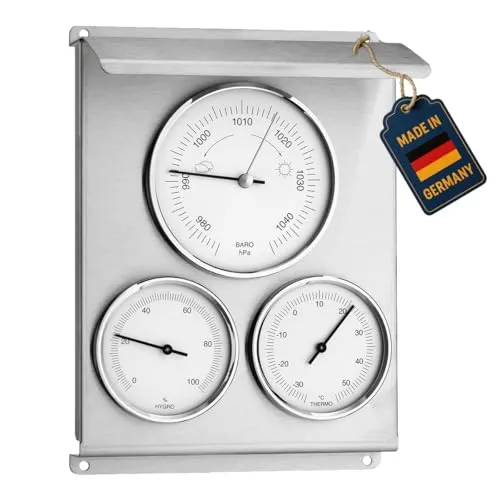 TFA Dostmann Analoge Wetterstation außen, 20.2010.60, mit Barometer, Hygrometer und Thermometer, aus Edelstahl, wetterfest, silber