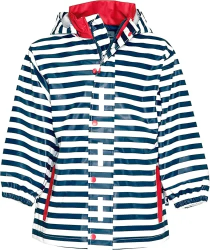 Playshoes Regenjacke Unisex Kinder - Wind- und wasserdichter Regenmantel, Maritim, 128 - Regenjacke für unbeschwertes Spielen bei jedem Wetter. Mit 5000 mm Wassersäule, abnehmbarer Kapuze und reflektierenden Elementen für Sicherheit.