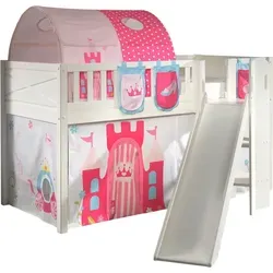 Karyl Kinderbett mit Rutsche aus Massivholz in Weiß - Halbhohes Bett mit Rutsche und Textilset im Princess-Design. Robuste Verarbeitung, FSC®-zertifiziert. Ideal für kreative Spielstunden und süße Träume!