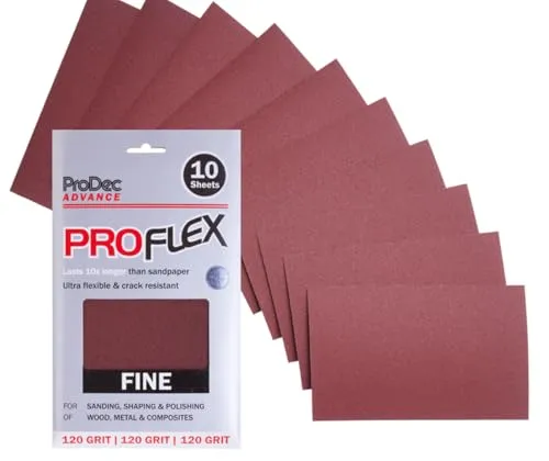 ProDec Advance Proflex Schleifpapier mit feiner Körnung 120, ultraflexibel, rissfest, Aluminiumoxid, Schleifpapier zum Schleifen von Holz, Farbe, Gips, Füllstoff, Metall und mehr, 230 x 140 mm, 10
