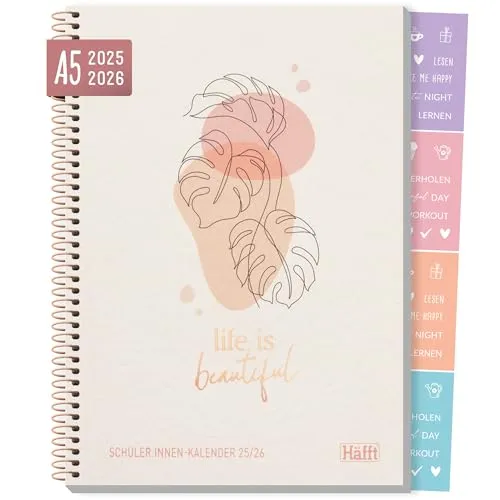 Häfft® College-Timer A5 2025/2026, Schülerplaner mit Sprüchen und Stickern 