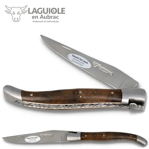 Laguiole en Aubrac Taschenmesser L0212LRH-FSB1 – Exklusives Design mit Campher Lorbeergriff - Handgefertigtes Laguiole Taschenmesser mit 12 cm Griff aus edlem Campher Lorbeer. Besondere Verzierung durch Ziselierte Platinen und die charakteristische Biene. Ideal für Sammler und Liebhaber hochwertiger Messer.
