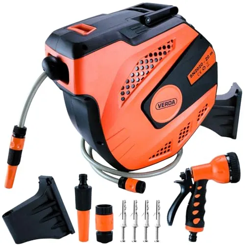 Schlauchtrommel & Wand-Schlauchbox 20M+2M – Hochwertiger 1/2-Zoll Automatik-Gartenschlauch mit 180° Rückholfunktion, robuste, wetterfeste & platzsparende Lösung für Garten, Terrasse & Balkon