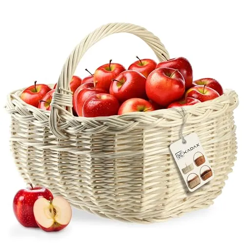 KADAX Weidenkorb für Pilze, Ovaler Korb zum Einkaufen, robuster Picknickkorb mit dem Henkelgriff, Flaschenkorb, Korb für den Garten, Tragekorb (Weiß, 36x28x27cm)