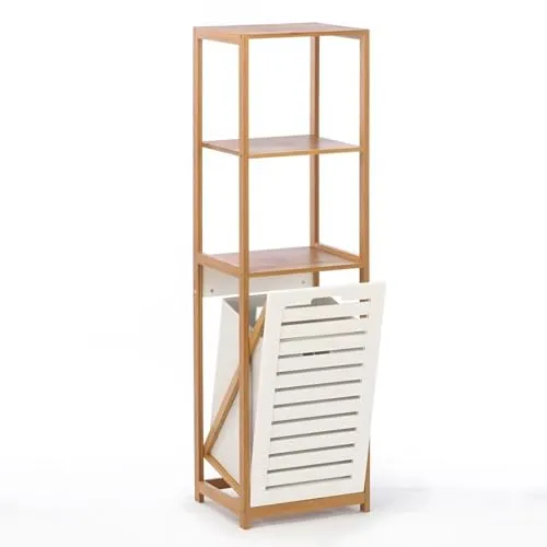 Begryf Bambus Wäschesammler mit Regal – 3-Stufiges Badezimmerregal - Hoch- & Midischränke fürs Bad, 2-in-1 Design mit herausnehmbarem Wäschekorb für optimale Wäscheorganisation und zusätzlichen Stauraum.