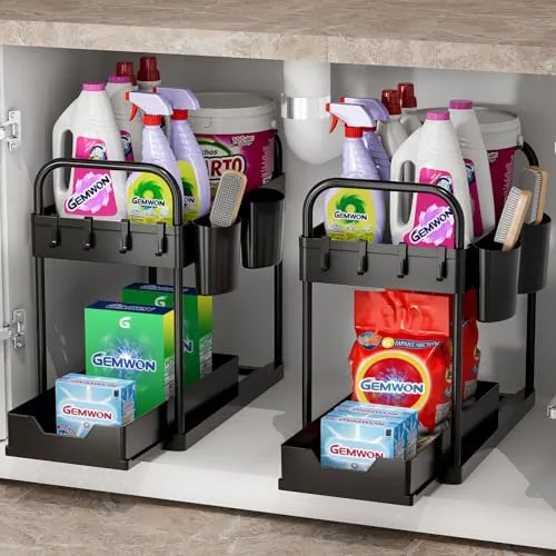 GEMWON 2X Küchen Organizer – 2 Etagen Unter Waschbecken Regal mit 4 Haken & 2 Bechern, Spülschrank Aufbewahrung, Badezimmer Regal, Ordnungssystem für Küche, Haushalt & Wohnen