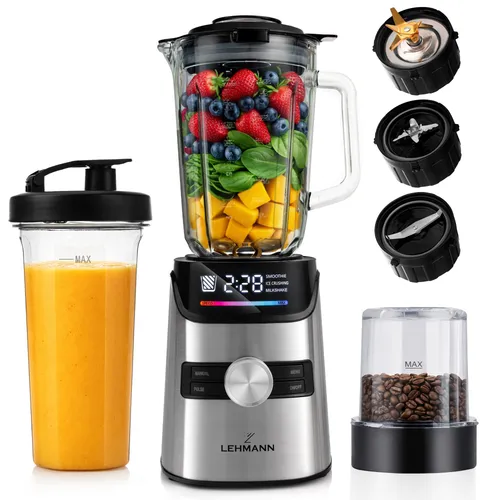 LEHMANN Standmixer 3-in-1 mit Glasbehälter und To-Go-Trinkflasche