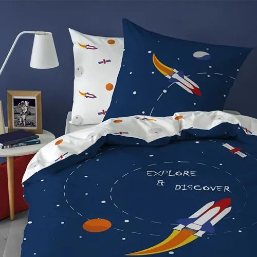 MTOnlinehandel Kinder-Bettwäsche Set 135x200 + 80x80, Rakete, Weltall dunkelblau, Planeten Bettwäsche für Jungen und Mädchen, Reißverschluss, 100% Baumwolle (Weltall)