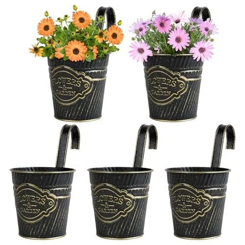 BOOMTOP 5 Stück Metall Blumentopf Hängend Schwarz Blumentöfpe Klein mit Abnehmbar Haken Hängetöpfe für Pflanzen Blumen Hängetopf zum Aufhängen für Balkon Garten Wand Terrasse Innen Außen 10x10x7,5cm