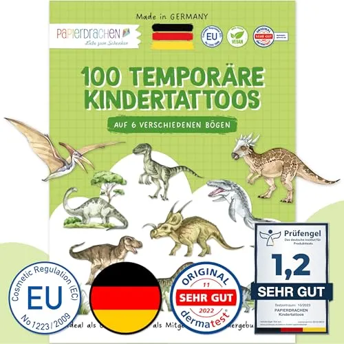 Papierdrachen 100 besonders hautfreundliche Kindertattoos - Tattoos Welt der Dinos - für Kinder - für Jungen und Mädchen - geprüft & made in Germany - Set 27