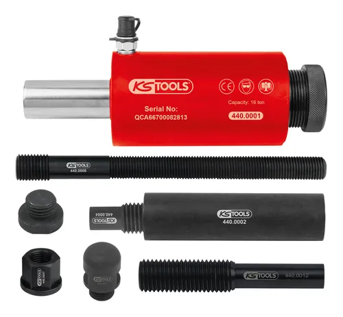KS Tools Druck- und Zug-Hydraulikzylinder-Satz, 16t, 10-teilig - Druckregler: Vielseitiger Hydraulikzylinder-Satz für Montage und Demontage, ideal für Silentlager und Radlager, mit extrem hohem und gleichmäßigem Kraftaufbau.