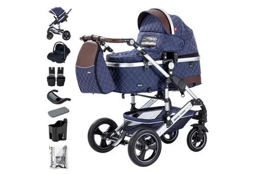 Daliya® Kombi-Kinderwagen BAMBIMO 3in1 Kinderwagen & Buggy mit Auto-Babyschale und Adapter, (XXL-Set inkl. Wickeltasche und Spieltisch, 15-tlg), Babyschale, Airless-Räder, Federung, weiche Matratze, Belüftungssystem