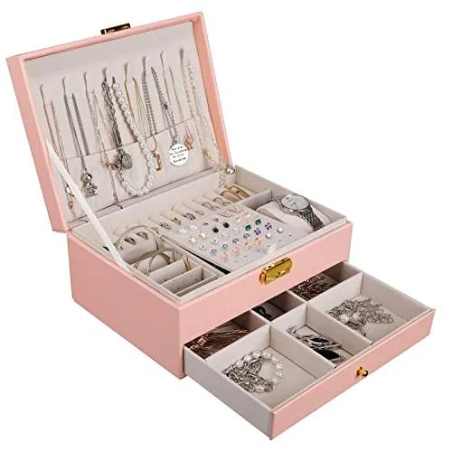 YOCOLE Schmuckkästchen, 2 Ebenen Schmuckaufbewahrung Schmuckschatulle Reise PU-Leder, Schmuck Organizers Damen Mädchen für Ringe, Ohrringe, Halsketten und Uhren, mit Schloss und Schlüssel, Rosa