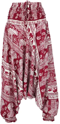 Pluderhose mit Elefanten-Print - Hosen im Ethno-Stil, aus 100% Viskose, ideal für Frühling und Sommer, mit bequemem Tunnelzugbund für optimalen Tragekomfort.
