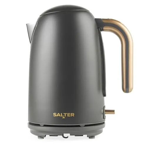 Salter Pebble Wasserkocher – 1,7 L Teekessel, Abnehmbarer Kalkfilter, Wasserstandsanzeige, 360° Schwenkfuß, Sichtfenster, Klappdeckel, 3 kW Leistung, Grau/Gold, EK6085CBVDE