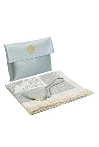 ihvan online Gebetsteppich Set mit Tasbih & Reisetasche, Weiche TAFT Sajadah, Leichte & Faltbare Janamaz, Tragbare Gebetsmatte, Islamisches Geschenk für Eid, Ramadan, Hajj & Umrah, Grau