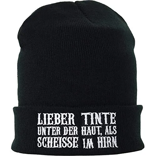 EXPRESS-STICKEREI Beanie für Damen und Herren - Warme Wintermütze mit Spruch Lieber Tinte unter der Haut, als scheiße im Hirn - Lustige Strickmütze - Unisex Wollmütze - Haube mit Spruch