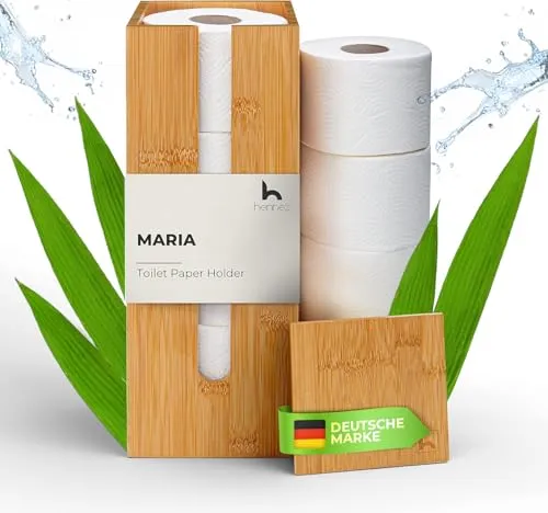 HENNEZ Toilettenpapierhalter aus Bambus mit Deckel - Stylischer Toilettenpapierhalter aus Bambus, bietet Platz für 4 Rollen und hat eine praktische Ablage – ideal für ein organisiertes Badezimmer.