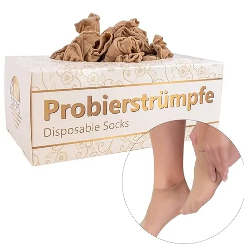 Sun Steps Probierstrümpfe 144 St. PROBIERSOCKEN Probiersöckchen Hautfarben Strümpfe Einmalsocken Universalgröße + Box Beige (144)
