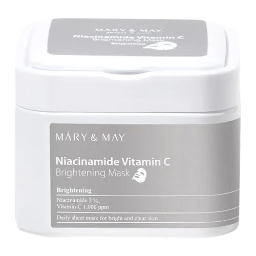 Mary&May Niacinamid + Vitamin C Tuchmaske, 30 Stück Niacinamide Brightening Mask – Mit 2% Niacinamid, 1.000 ppm SAP (stabilisiertes Vitamin-C-Derivat) & 6 Hyaluronsäuren – Glow, ebenmäßiger Teint 400g