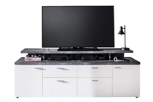trendteam smart living - Mood - TV-Schrank - Moderne TV-Halterung in Weiß und Stein dunkel, mit 4 Fächern und 2 Schubladen für optimalen Stauraum. FSC-zertifiziert und ideal für stilvolle Wohnräume.