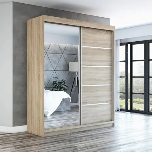 Schwebetürenschrank GAP, 2-türig mit Spiegel - Schwebetürenschrank aus hochwertiger 16mm Laminatplatte, modernes Design mit Kleiderstange und Einlegeböden, einfaches Schiebetürsystem für leichten Zugang.