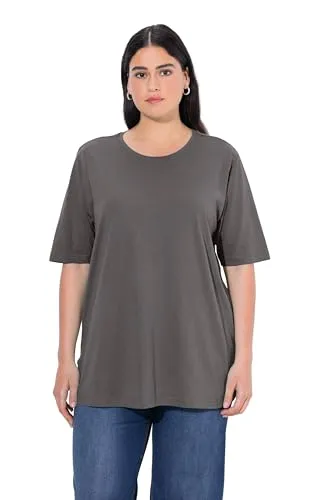 Ulla Popken Damen große Größen Übergrößen bis 72, Basic T-Shirt, Oberteil, Regular Fit, Rundhalsausschnitt, Halbarm, Graphitgrau 46+ 486910110-46+