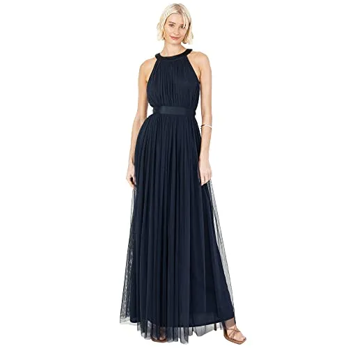 Anaya with Love Damen Ladies Maxi Dress for Women Halter Neck Long Sleeveless with Belt A Line Evening Gown Ball Prom Wedding Guest Bridesmaid Kleid, Navy Blue, 46 EU (Herstellergröße: 18 UK)