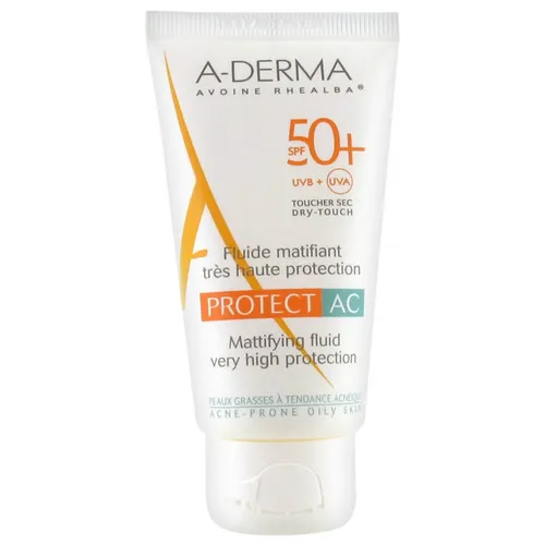A-derma Sonnenschutzcreme A derma protect ac fluide mat 50+ 40ml - Sonnenschutzmittel für fettige, zu Akne neigende Haut, mit Lichtschutzfaktor 50+. Schützt vor Sonnenstrahlen und mattiert die Haut, ideal für empfindliche Hauttypen.