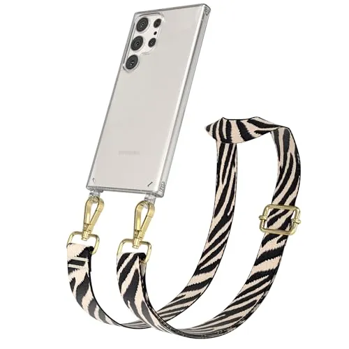 EAZY CASE Handykette - Verstellbares Taschenband kompatibel mit Galaxy S23 Ultra, Schulterriemen, Handykordel mit Silikon Hülle, Umhängetasche, Zebra - Schwarz Beige Gold