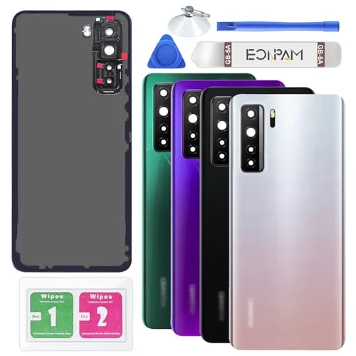 Eonpam Akkudeckel für Huawei P40 Lite 5G Rückseite Glas Original Backcover Back Glas Ersatz Reparatur Set mit Kameraobjektiv (Silber)