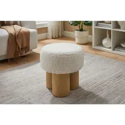 Sitzhocker SALESFEVER, Beige - Teddyfell & Eschenholz - Hocker aus MDF mit Eschenholzfurnier und einer bequemen Teddyfell-Sitzfläche, pflegeleicht und ideal für gemütliche Wohnräume.