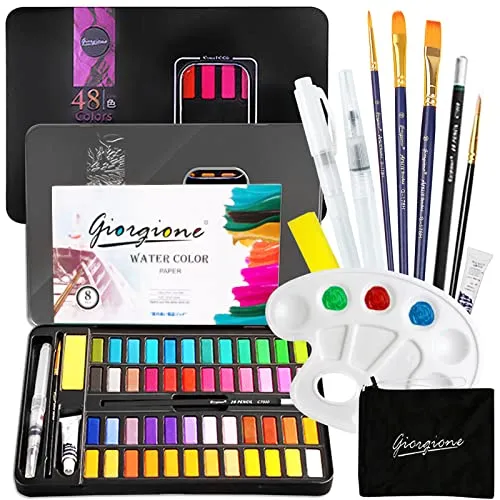 JOTOL Aquarellfarben Set,Wasserfarben Set,48 Farben Aquarellfarbkasten,Inklusive 8 Aquarellpapiere,Aquarellpinsel Wassertankpinsel Bleistift,Anderes Zubehör,Geeignet für Anfänger und Profi